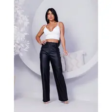 Calça Wid Leg de Couro Pantalona Liso