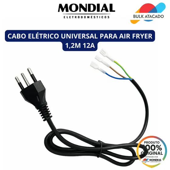 Cabo Elétrico Universal Para Air Fryer Mondial 1,2M 12A Plug Energia 3 Pinos Original
