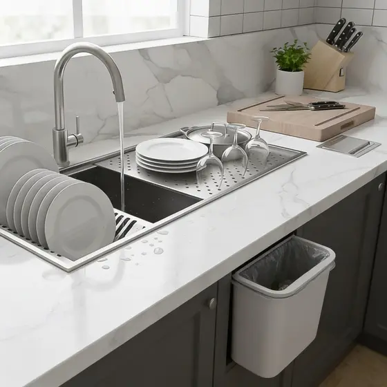 Cuba em Aço Inox 40x40 Com Escorredor e Lixeira P