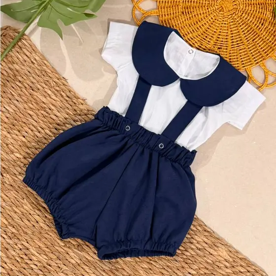 Conjunto Bebê Menino Roupa Social Suspensório e Short 2 a 6 Meses