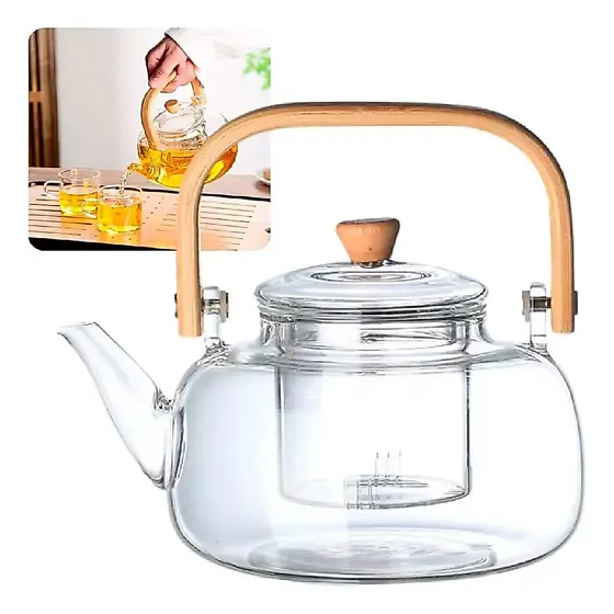 Chaleira de Vidro com Infusor – Cabo de bambu, Ideal para Chá, Café e Decoração