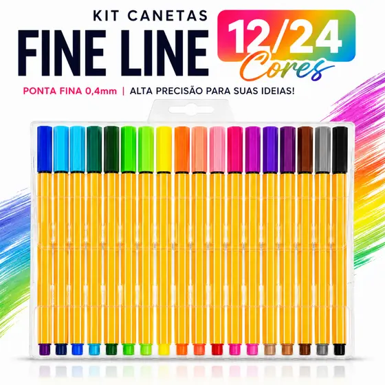 Kit 12/24 Canetas Fine Line 0.4mm Ponta Fina Coloridas Fineliner Material Escolar Desenho Bullet Journal