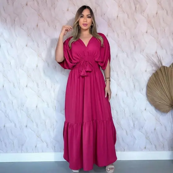 Vestido Longo com elastex na cintura | Femninio Casual Vestido Plussize Viscolinho