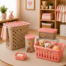 Kit Banho Banheiro Baby Bebê Cestos Roupas Lixeira E Saboneteira Menino Menina Rosa
