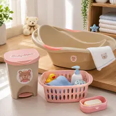 Kit Para Banho Quarto Bebê Baby Menina Banheira Saboneteira Cesto E Lixeira Rosa