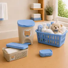 Kit Banheiro Baby Bebê Cestos Roupas Lixeira E Saboneteira Menino Menina Azul - Kit organizador infantil 4 peças