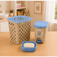 Kit Banho Banheiro Baby Bebê Cesto Roupa Saboneteira Lixeira Azul Menino Menina