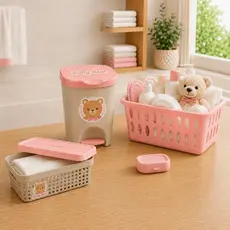 Kit Banho Banheiro Baby Bebê Cestos Roupas Lixeira E Saboneteira Menino Menina Rosa