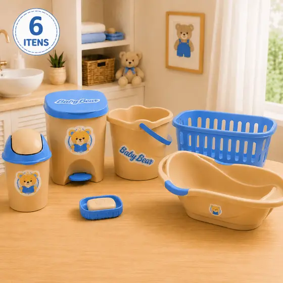 Kit Banho Bebê Completo Banheira Balde Lixeira Cesto