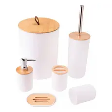 Kit Banheiro Conjunto 6 Peças Completo Lixeira com Tampa Fechada Bambu Lavabo Escova Sanitária