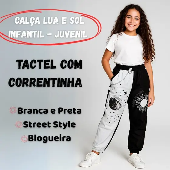 Cal莽a Jogger Juvenil Infantil Sol e Lua com Correntinha  Branca e Preta Menina