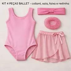 Kit Body Collant + Saia + Faixa e Redinha Infantil de cabelo para Ballet