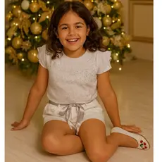 Conjunto de Menina  Blusa com Strass/Brilho e Shorts Branco com Fita Natal