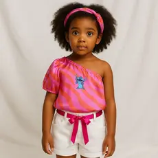 Kit Blusa  Infantil de um Ombro só Retrô Com Estampa do Stitch Dando Lingua Faixa e Shorts Branco