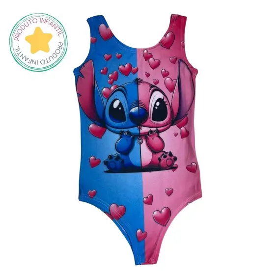 Body Collant Infantil Estampa Digital Angel e Stitch Meio a Meio