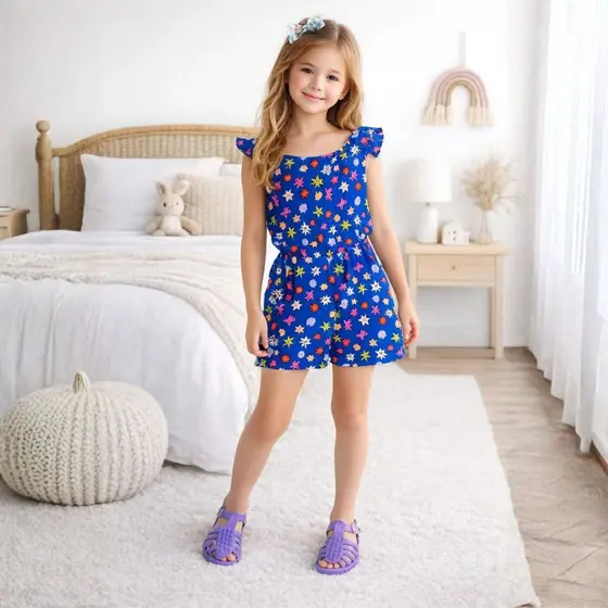Macaquinho Infantil Menina Azul Tecido Viscose com Estampa Flor de Melissa