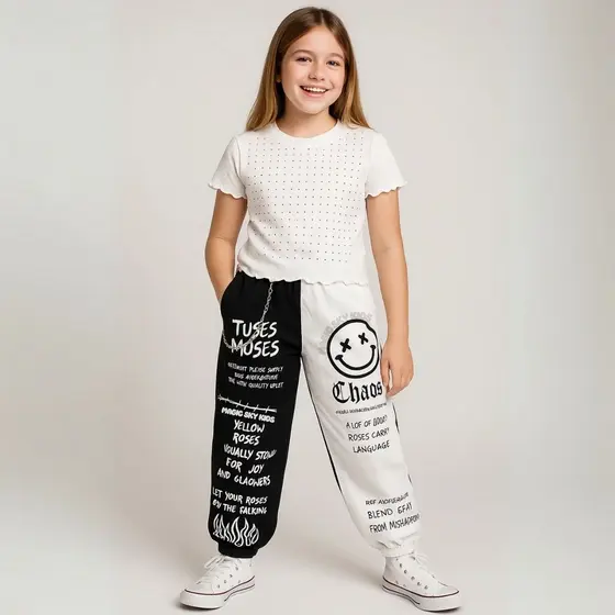 Calça Cargo Juvenil Infantil Menino Menina Emoji Foguinho com Correntinha  Preto e Branco Blogueirinha