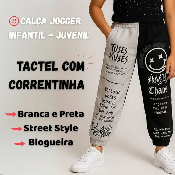 Calça Jogger Infantil e Juvenil Carinha Fogo Tactel com Correntinha  Branca e Preta