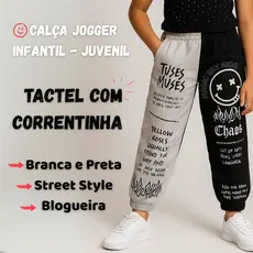 Cal莽a Jogger Infantil e Juvenil Carinha Fogo Tactel com Correntinha  Branca e Preta