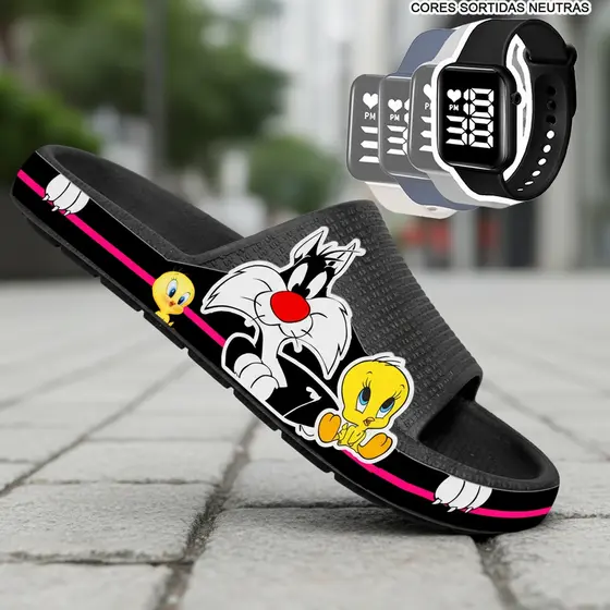 KIT Chinelo Adulto Pala Slide Nuvem Sandália Papete Feminino Leve Desenhos + RELÓGIO