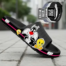 KIT Chinelo Adulto Pala Slide Nuvem Sandália Papete Feminino Leve Desenhos + RELÓGIO