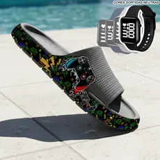 KIT Chinelo Pala Slide Sandália Papete Nuvem Adulto Masculino Confortável  Leve Desenhos + RELÓGIO.
