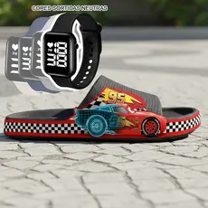 KIT Chinelo Pala Slide Nuvem Infantil Juvenil Menino Sandália Desenhos + RELÓGIO SORTIDOS