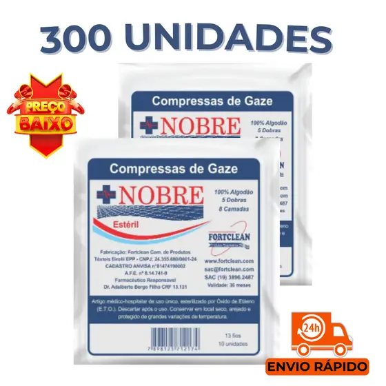 Compressa de Gaze 300 Unidades Nobre Gaze Estéril Hidrófila 13 Fios Primeiros Socorros - 30 Pacotes
