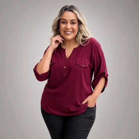 Camisa Plus Size Social Feminina Soltinha Elegante Lisa Manga 3/4