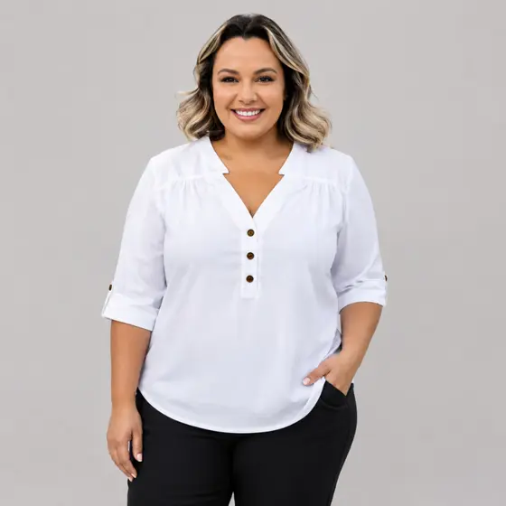 Camisa Plus Size Social Feminina Soltinha Peitilho Manga 3/4
