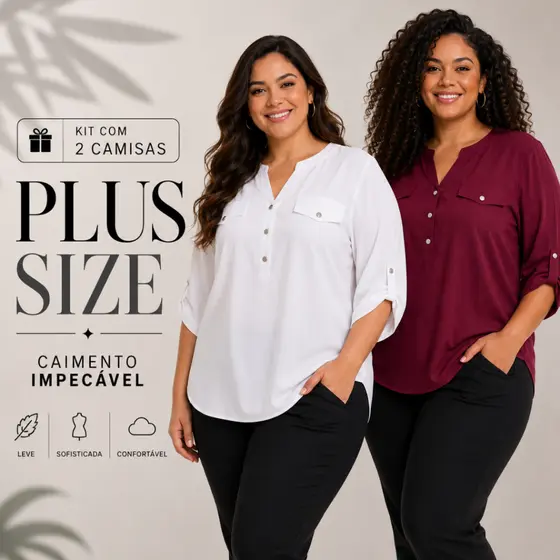 Kit 2 Camisas Plus Size Social Feminina Soltinha Elegante Lisa Manga 3/4