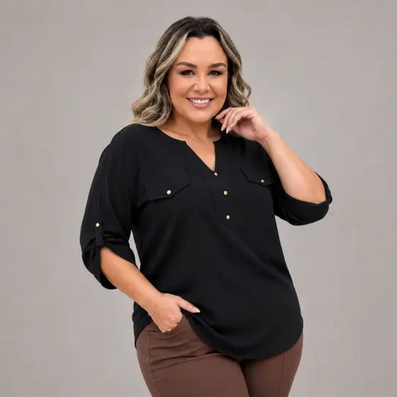 Camisa Plus Size Manga 3/4 Social Feminina Soltinha Elegante