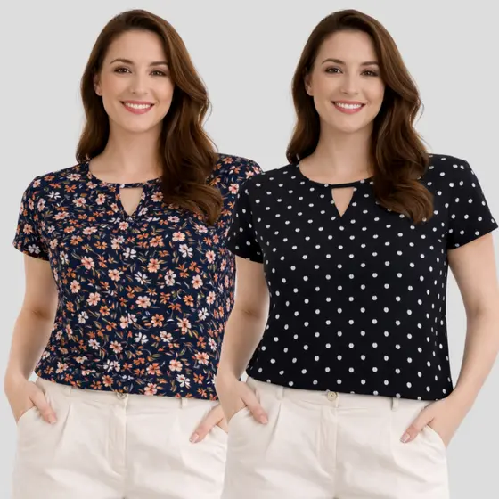Blusa Feminina Estampada Detalhe V em Malha Fria