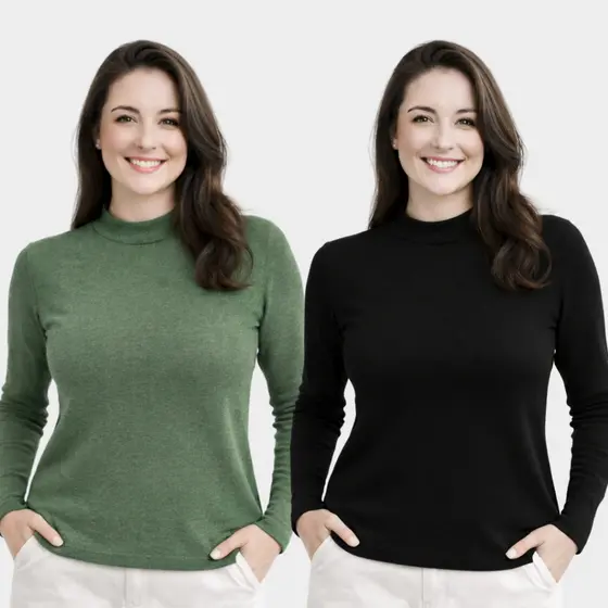 Blusa Feminina Manga Longa Básica Casual com Gola em Lanzinha Elegante Confortável