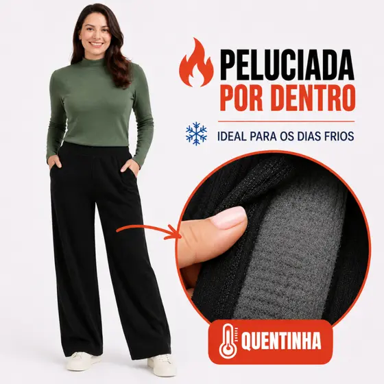 Calça Feminina Peluciada Wide Leg Cintura Alta Inverno Confortável