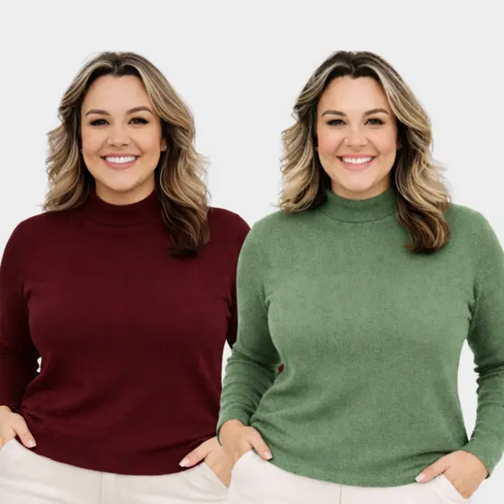 Blusa Feminina Plus Size Manga Longa Básica Casual com Gola em Lanzinha Elegante Confortável