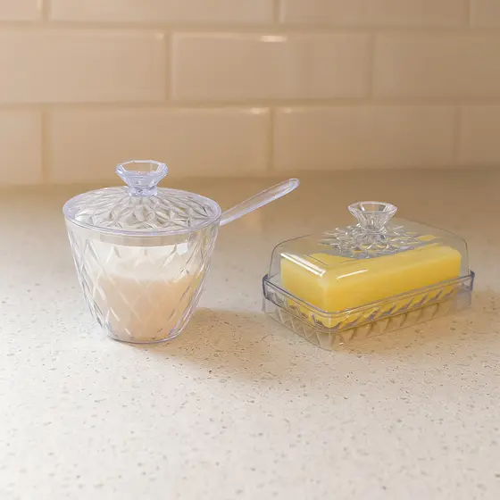 Kit Manteigueira Açucareiro Acrílico Mesa Posta Glamour Porta Manteiga Açúcar Luxo Transparente