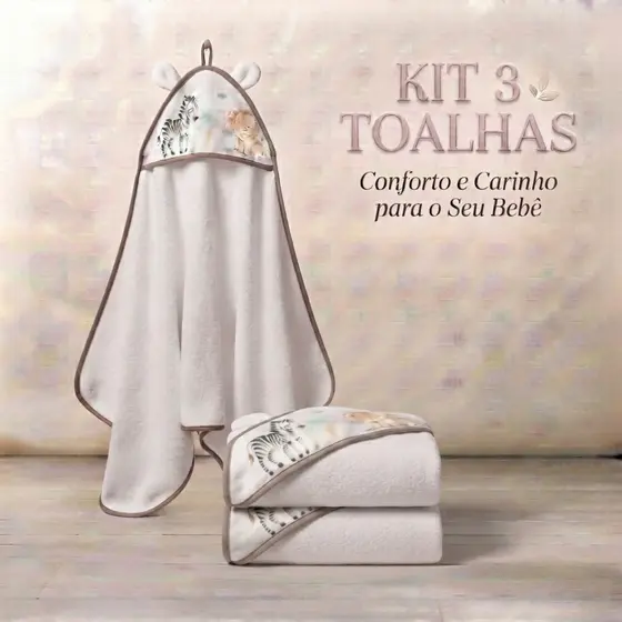 Kit 3 Toalhas com Capuz Infantil Bebe Algodão Macias Absorventes Ideais para Banho Piscina Praia