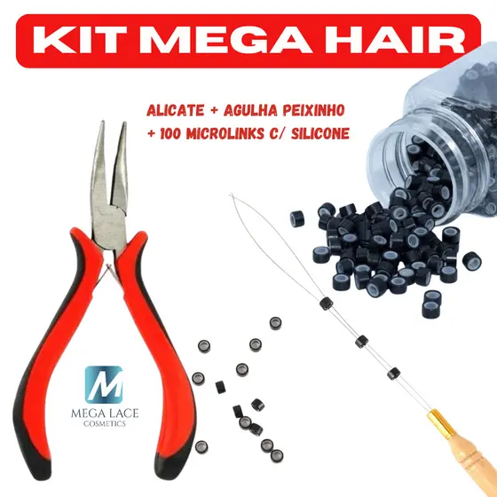 Kit Mega Hair Alicate + Agulha Peixinho +100 Microlinks C/ Silicone