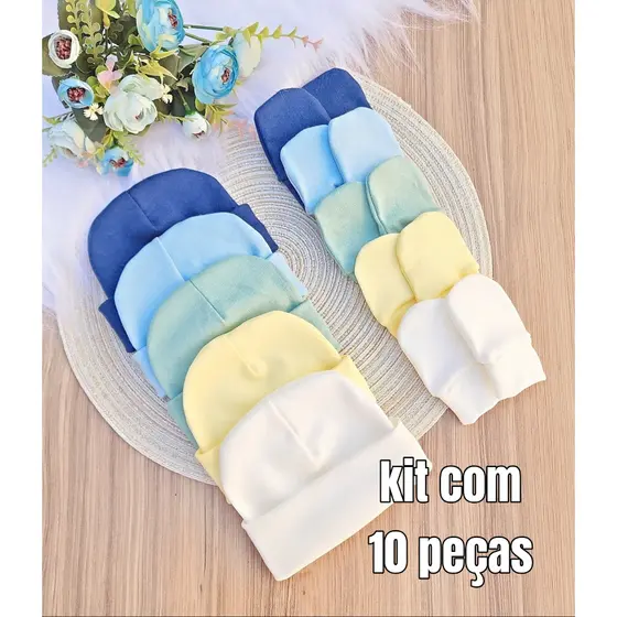 Kit 5 Touca e 5 Luva Para Bebê Recém Nascido 100% Algodão Antialérgico Maternidade Enxoval Gestante