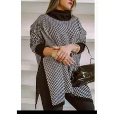Poncho De Tricot Vestido feminino Estilosa quadriculado Inverno Fenda Lateral Plus Size