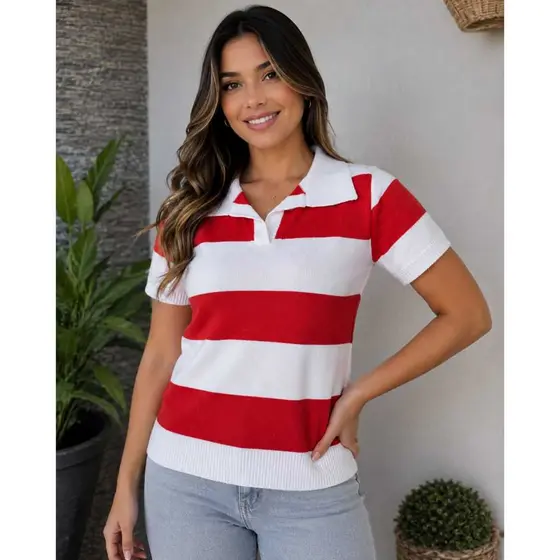 Blusa Sueter Gola Polo V Ribana Feminina Listrada Manga Curta Modal Casual Tendencia 2026 Premium Vesti do 36 ao 42