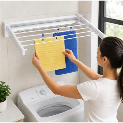 Varal Retratil Dobrável 5 Varetas Branco Secador Roupa Parede Compacto Espaço Lavanderia Varal Dobra