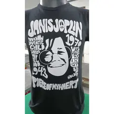 camiseta rock n'roll Janis Joplin malha algodão preto penteado super transada estampa em silkscreen retrô