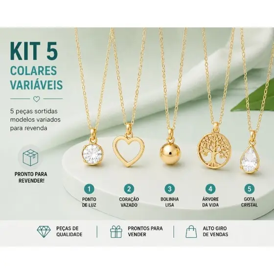 Kit colar + pingente feminino folheado variados revenda presente atacado