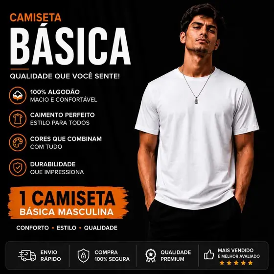 Camiseta Básica Masculina 100% Algodão Premium Lisa Confortável Manga Curta Casual