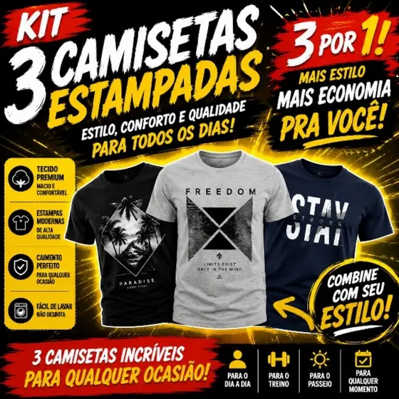 kit 3 ou kit 5 camisetas Masculinas p m g gg Premium algodão 100% #atacado #revenda