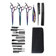 Kit 3 Tesouras Profissionais Navalha Cabeleireiro Barbeiro Furta Cor + 10 Pentes Preto Anatómica