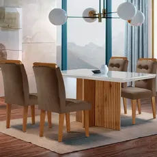 Sala de Jantar Mesa Olímpia 120CM MDF Vidro Canto Reto com 4 Cadeiras Carol Moderna
