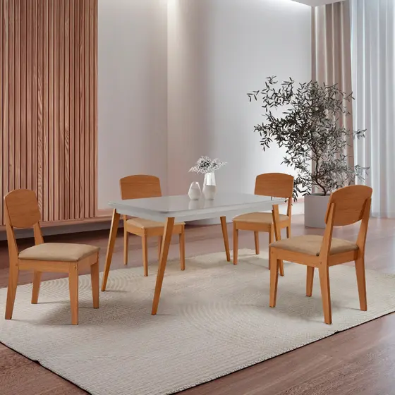 Mesa de Jantar Copper 120cm Tampo Canto Copo MDF Vidro com 4 Cadeiras Copper Moderna Mobília